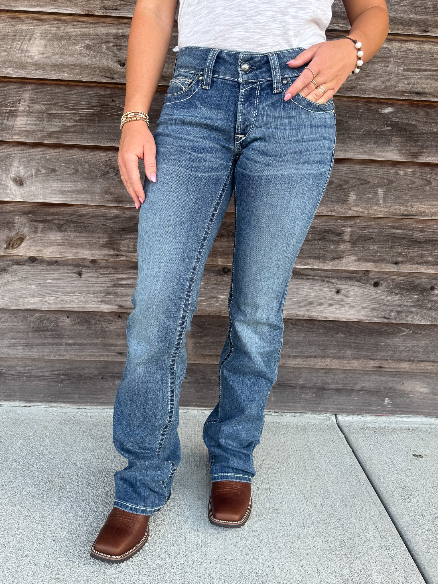 Women's Ariat R.E.A.L. Mid Rise Stretch Whipstitch Boot Cut Jean in Rainstorm - Image 4