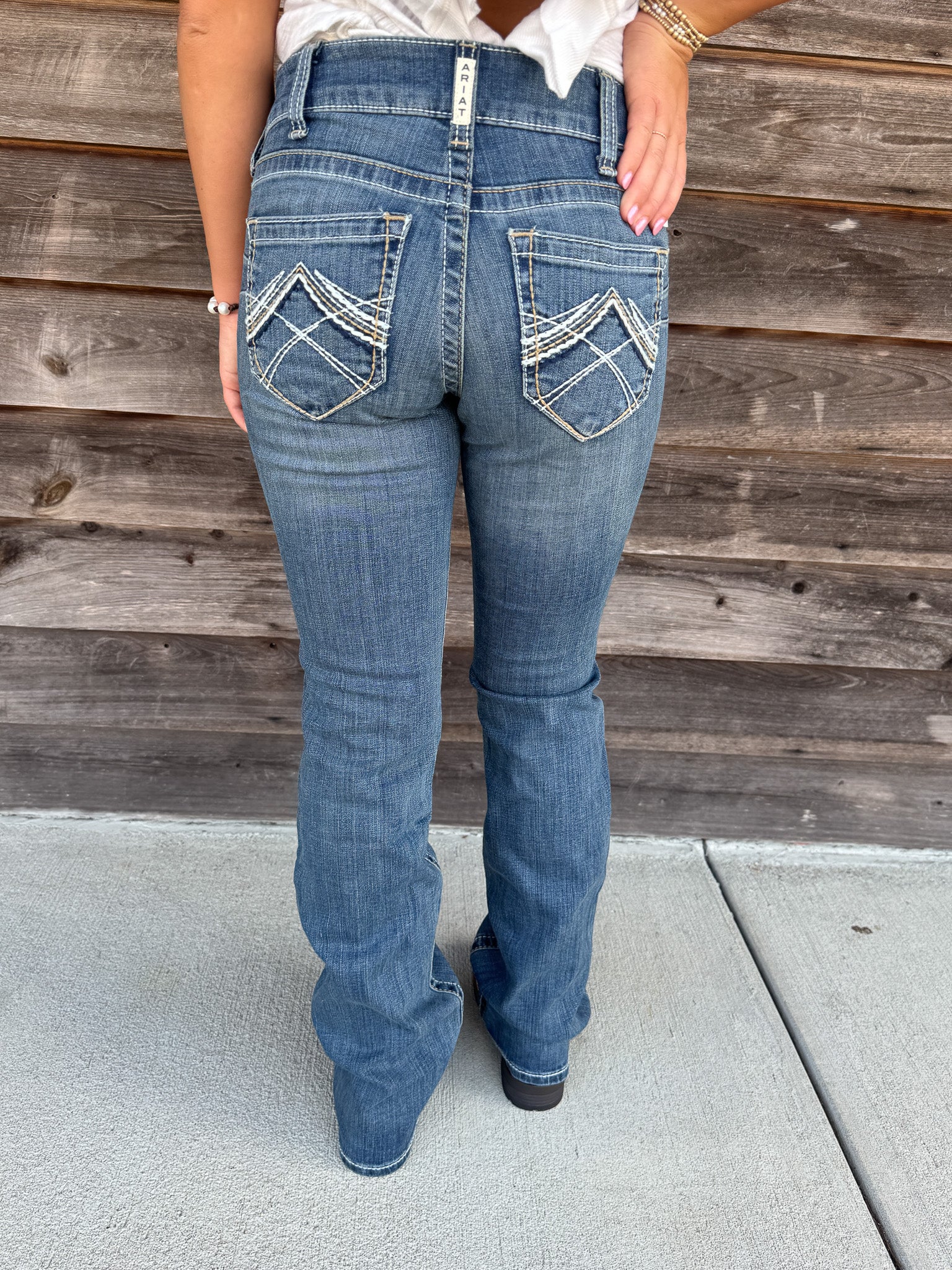 Women's Ariat R.E.A.L. Mid Rise Stretch Whipstitch Boot Cut Jean in Rainstorm - Image 5