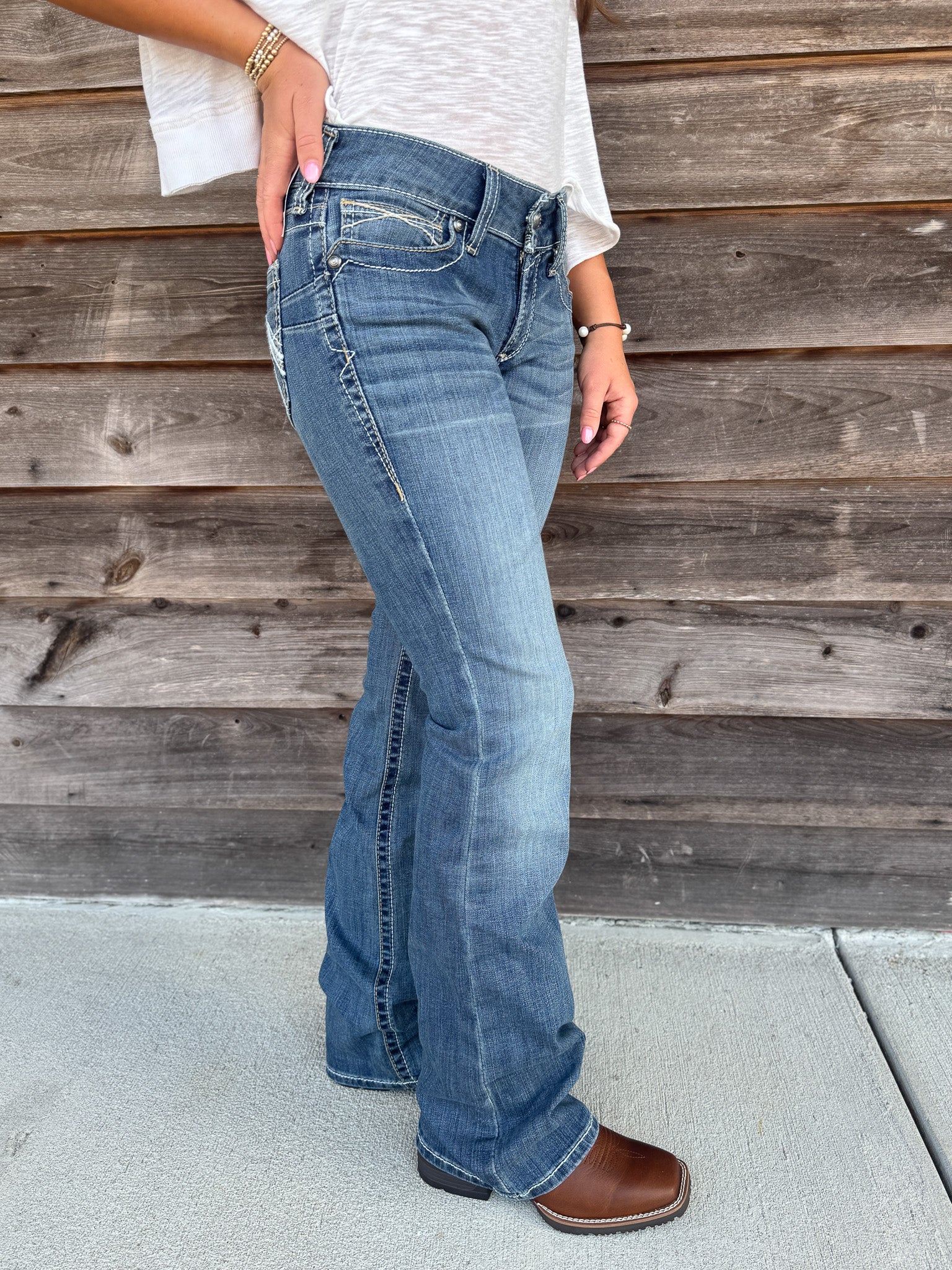 Women's Ariat R.E.A.L. Mid Rise Stretch Whipstitch Boot Cut Jean in Rainstorm - Image 6