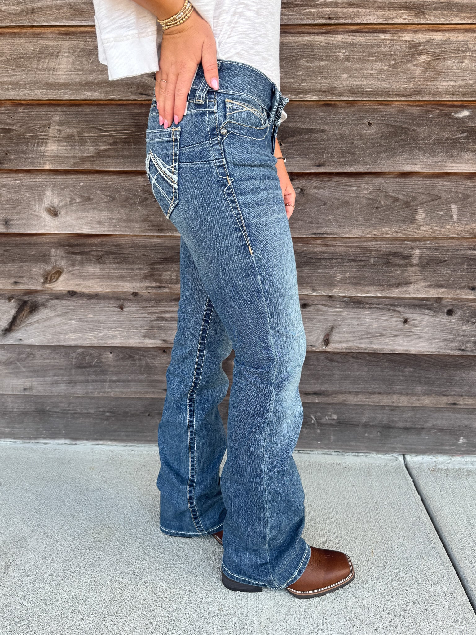 Women's Ariat R.E.A.L. Mid Rise Stretch Whipstitch Boot Cut Jean in Rainstorm - Image 7
