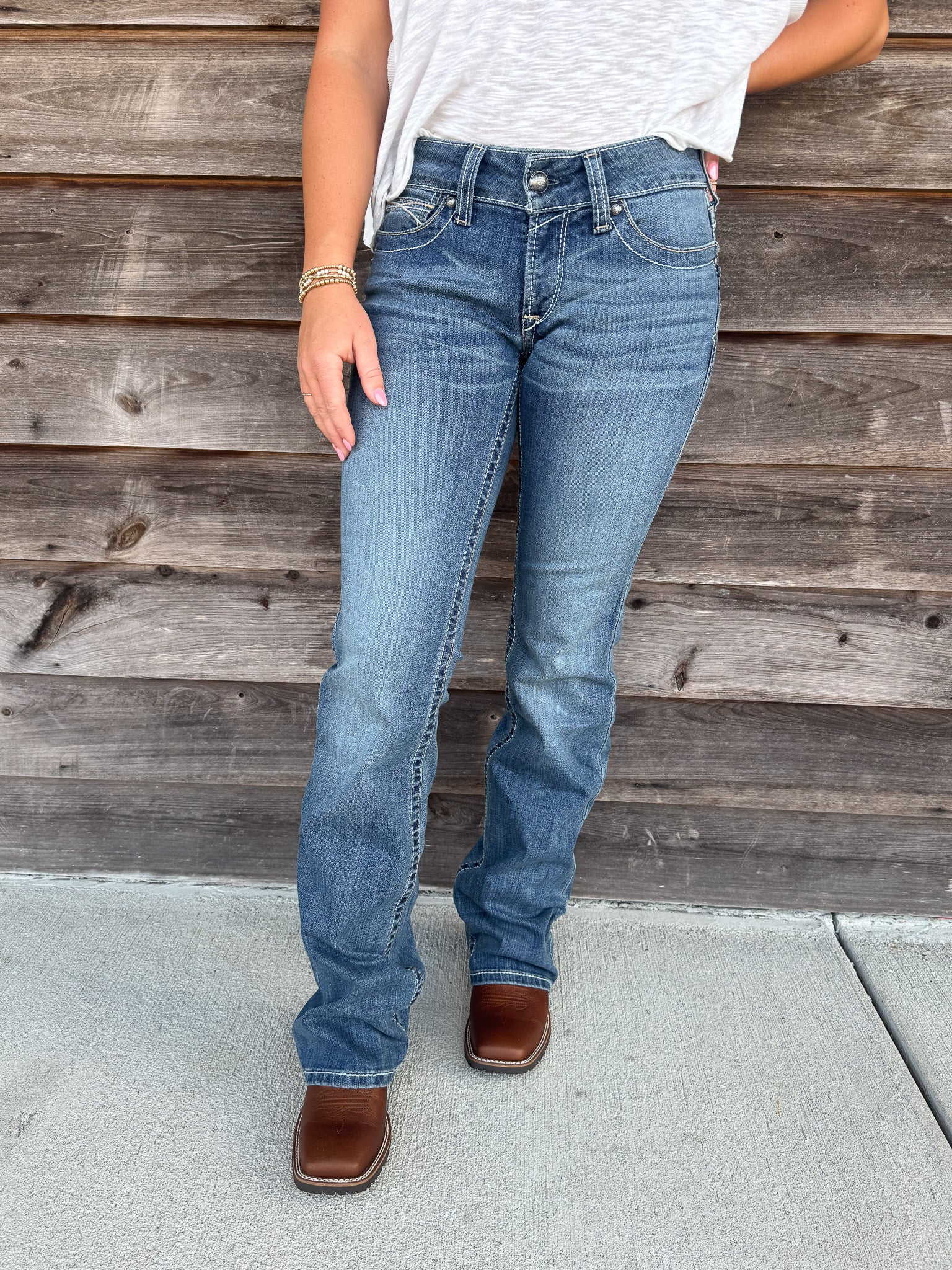 Women's Ariat R.E.A.L. Mid Rise Stretch Whipstitch Boot Cut Jean in Rainstorm - Image 8