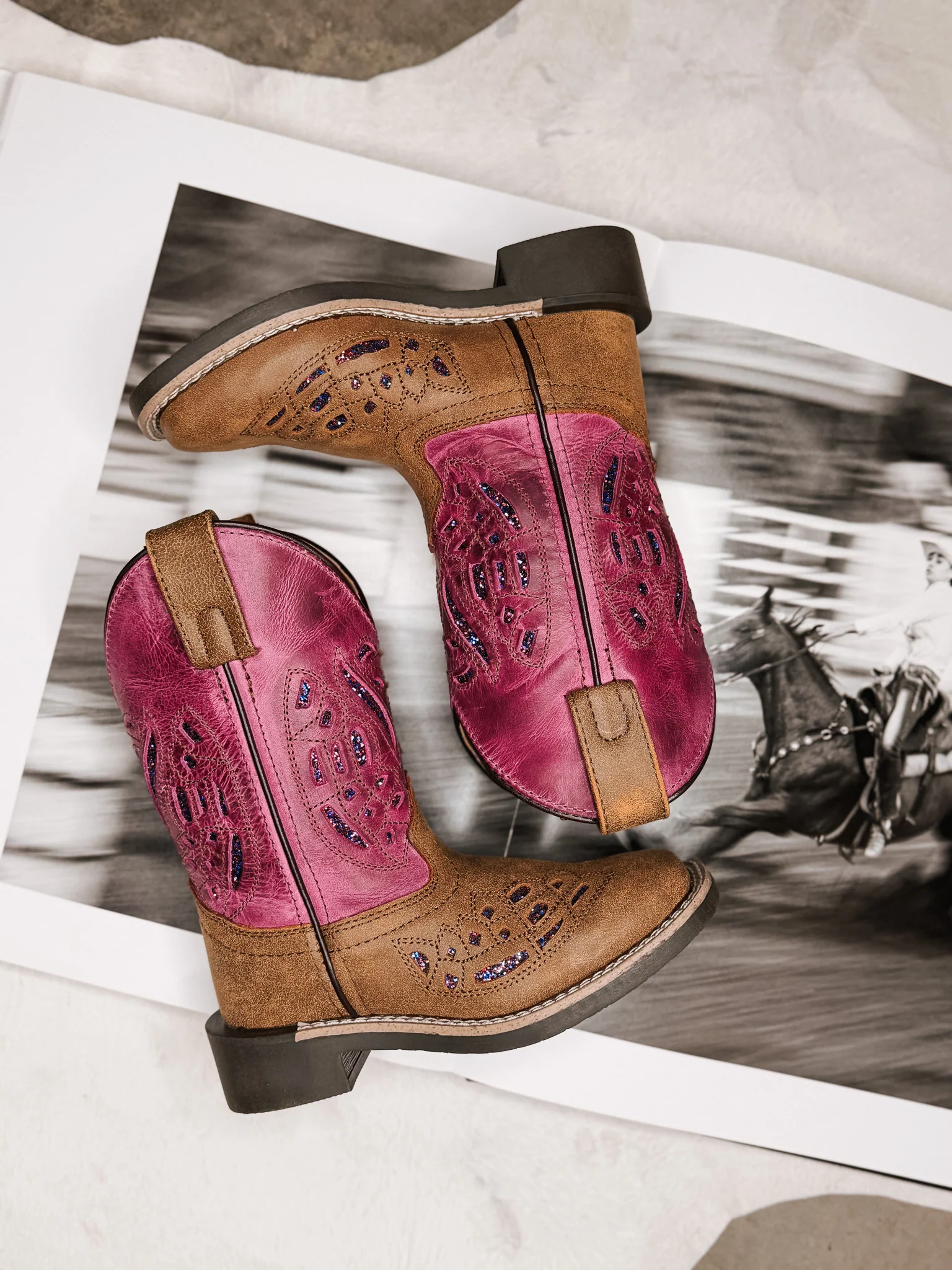GIRL'S SMOKY MOUNTAIN TRIXIE BROWN PINK LEATHER COWBOY BOOTS