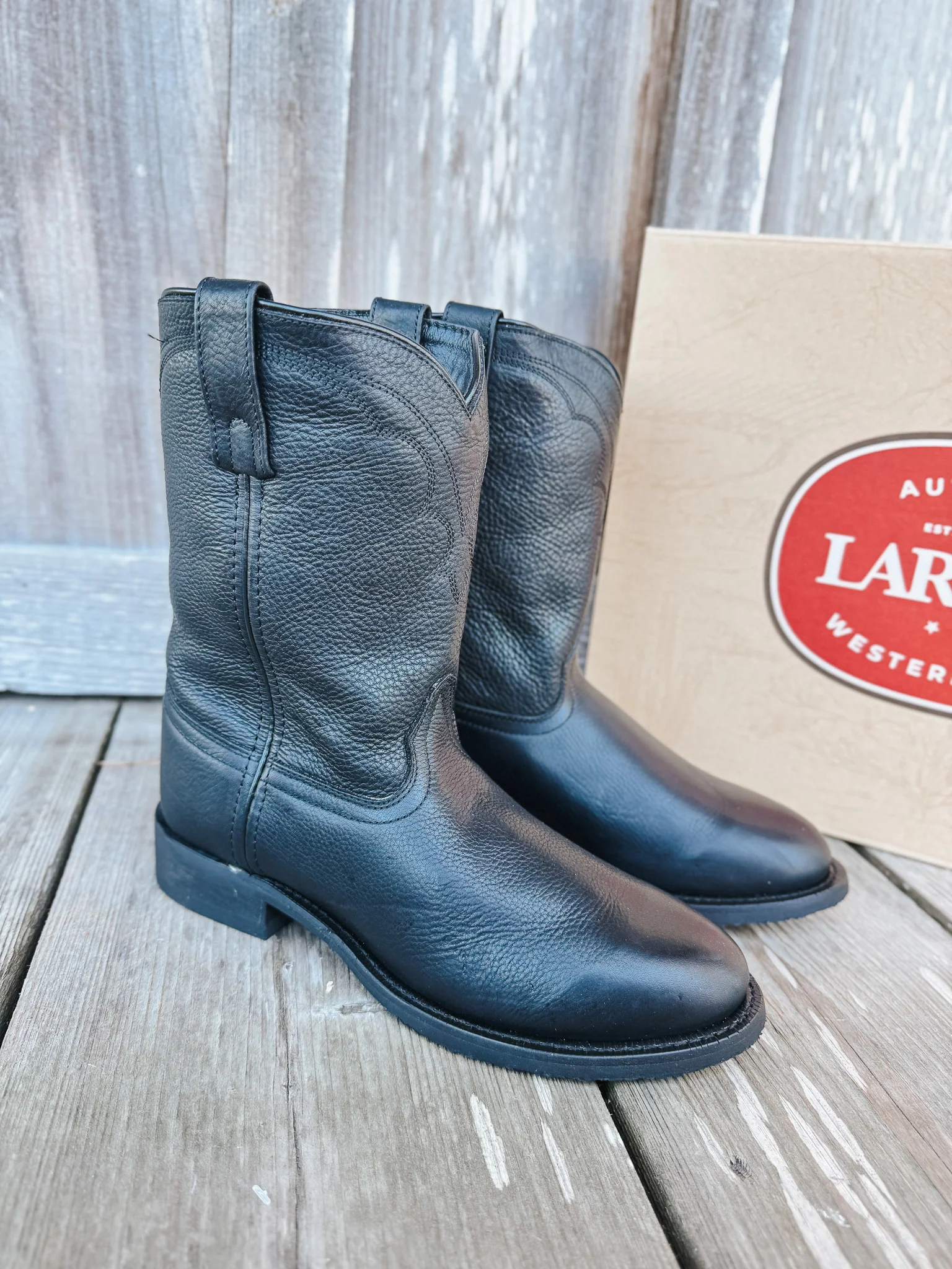 Men's Laredo Vaughn Black Leather Roper Boots - Image 5