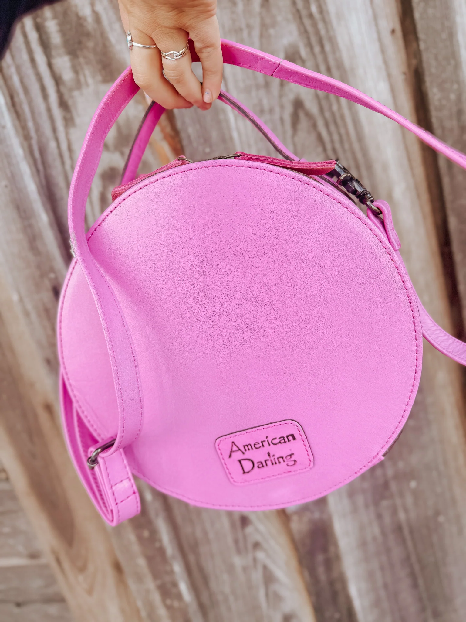 Pink Leather Round Crossbody Purse - Image 4