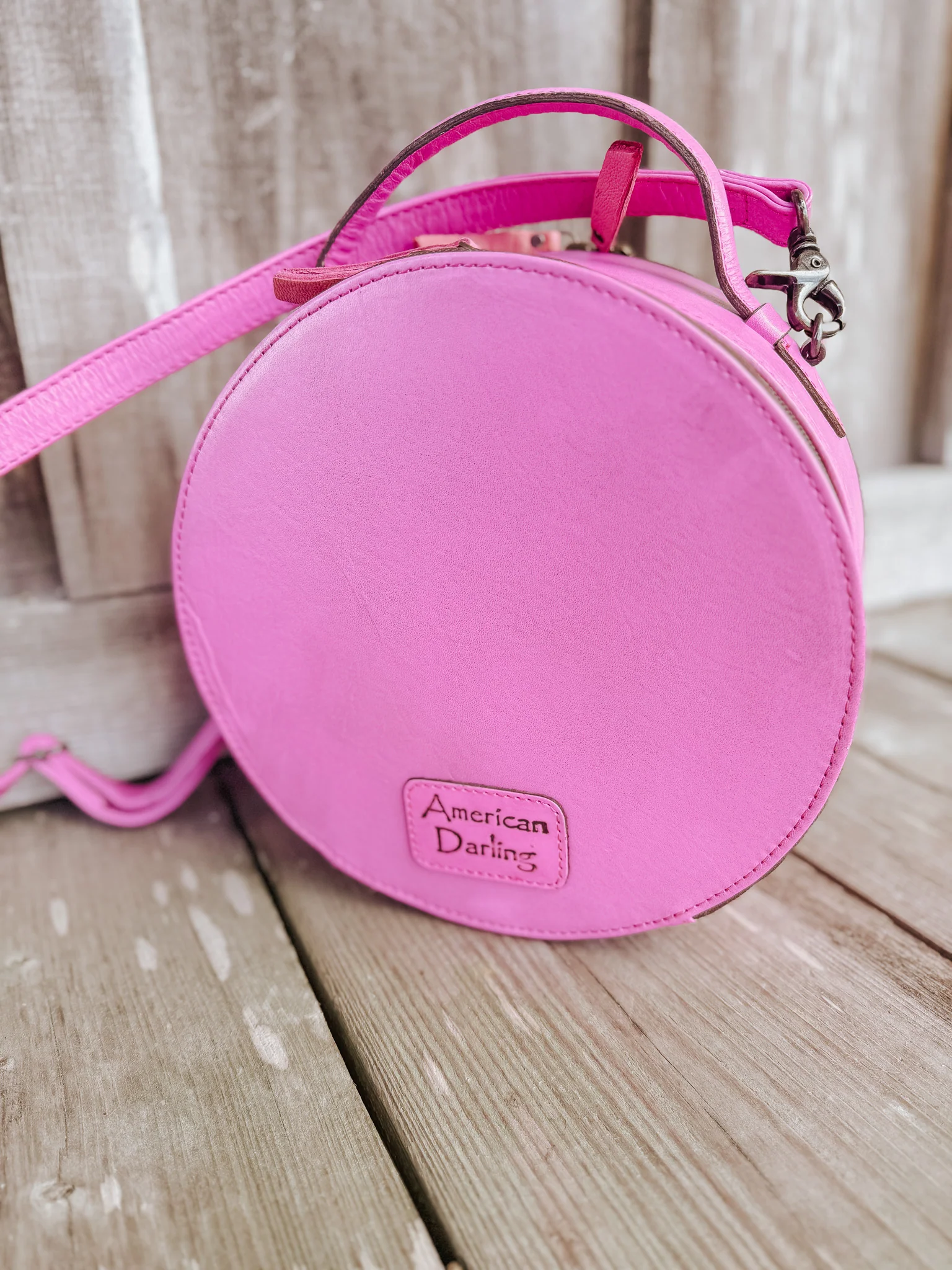Pink Leather Round Crossbody Purse - Image 9