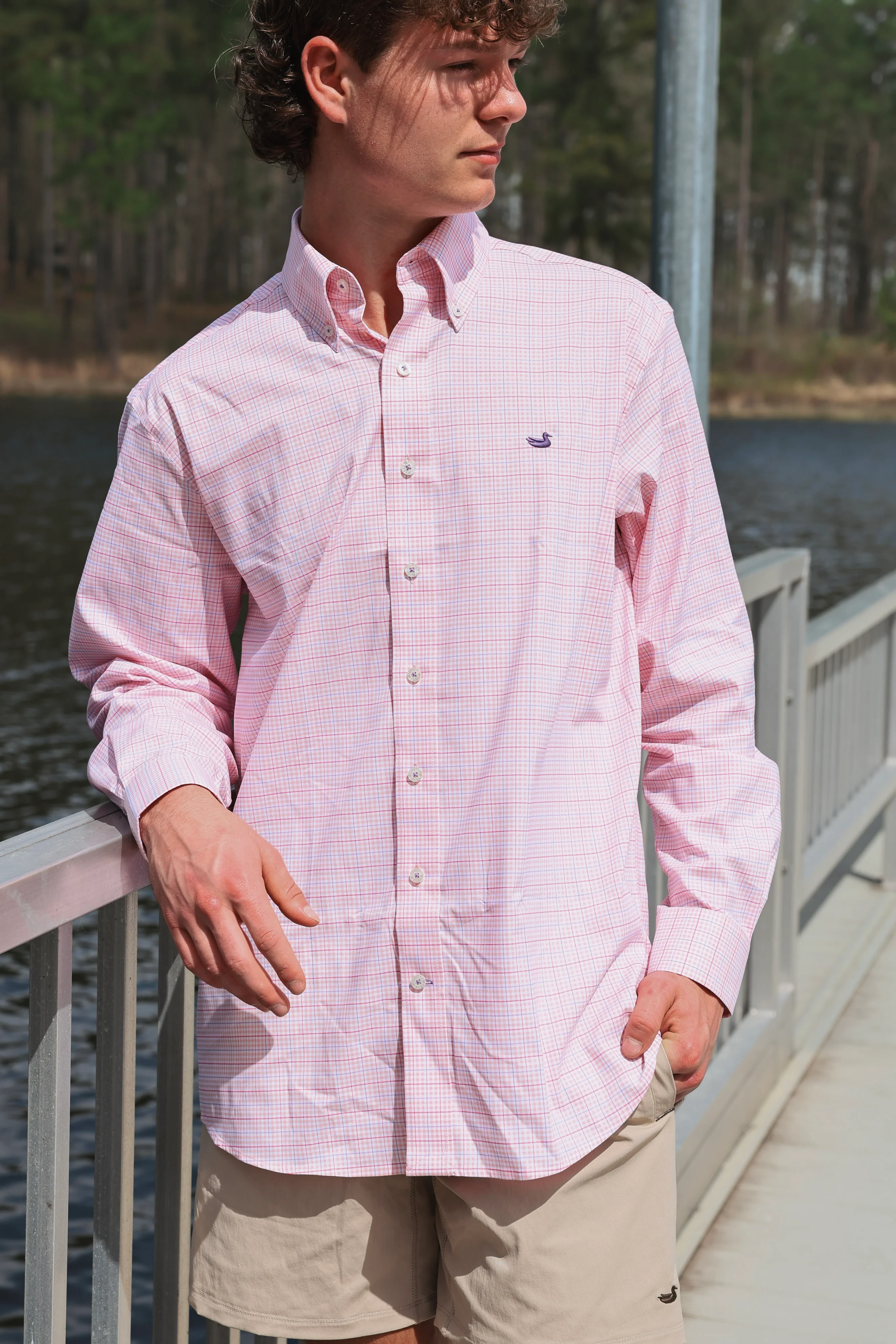 Southern Marsh Dyer Performance Gingham Dress Shirt in Camelia & Wharf Purple - Image 2