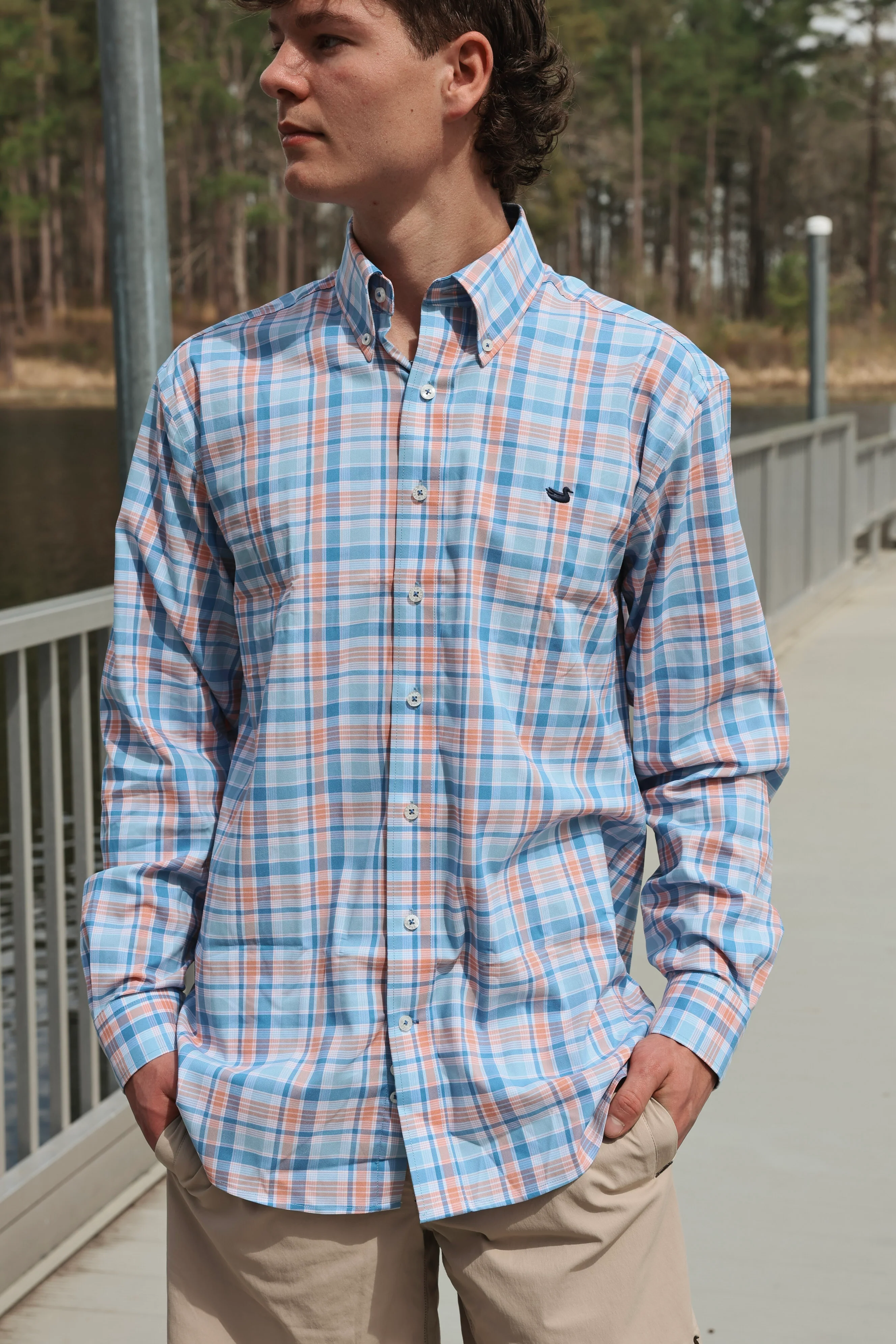 Southern Marsh Franklin Performance Gingham Dress Shirt in Royal and Orange - Image 2