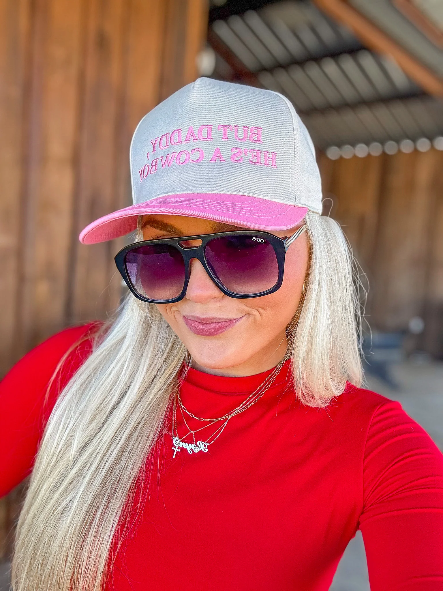 But Daddy, He's A Cowboy Pink Trucker Hat - Image 4