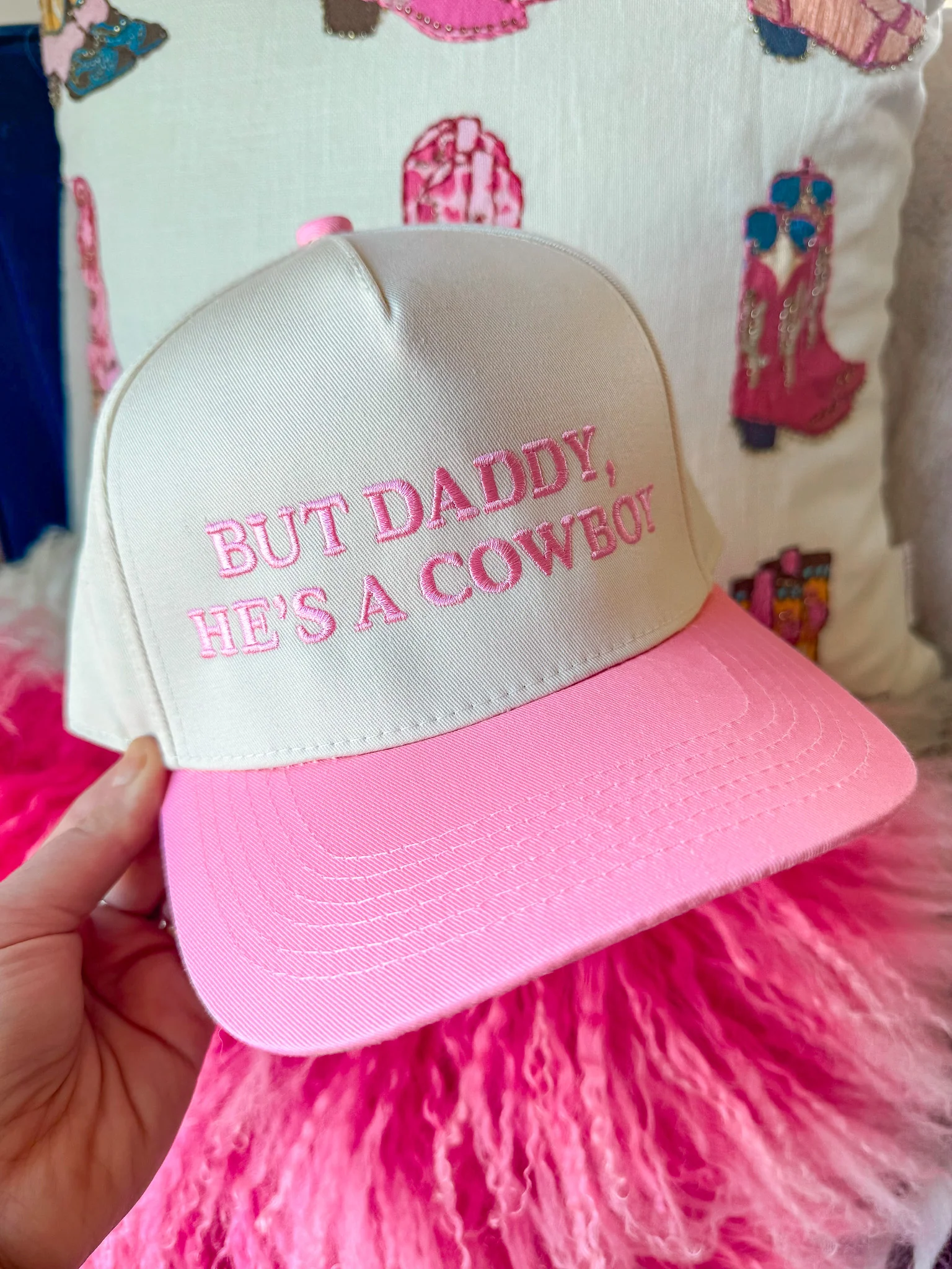 But Daddy, He's A Cowboy Pink Trucker Hat - Image 5