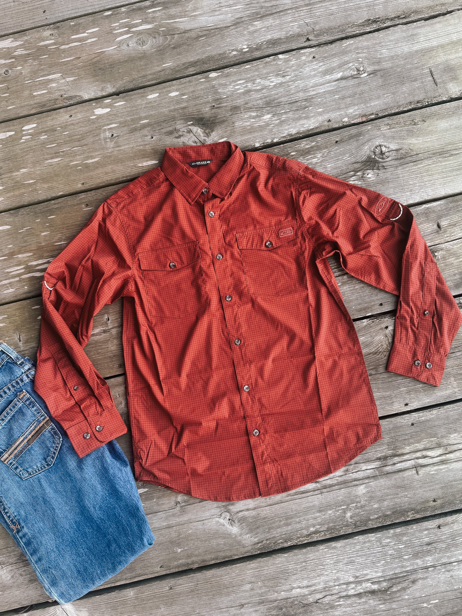 Men's Drake Frat Gingham Check Button-Down Long Sleeve Shirt in Tomato - Image 6
