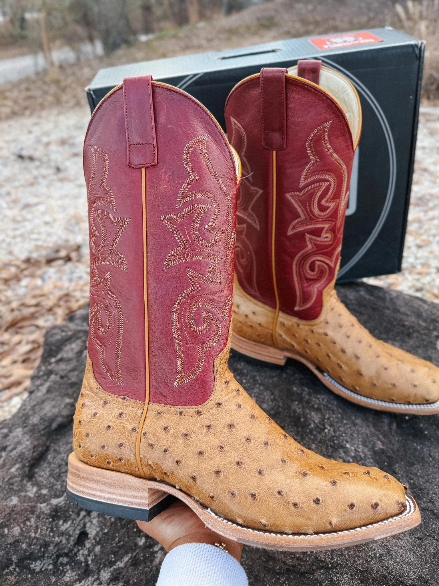 Men's Horse Power Red Station Antique Saddle Full Quill Ostrich Boots - Image 7