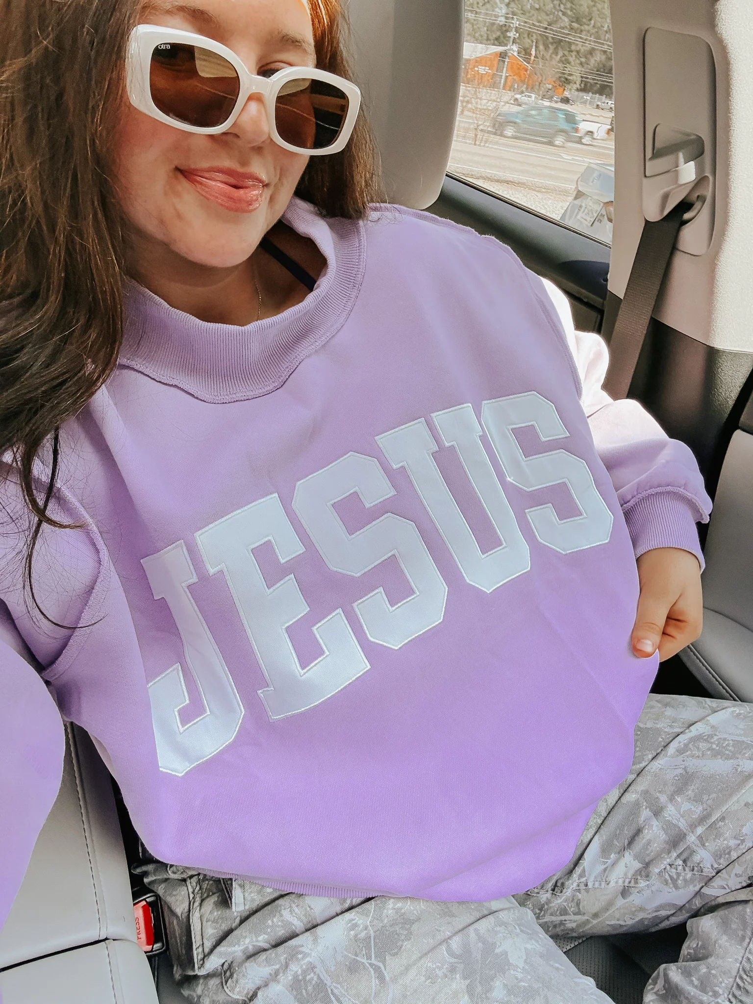 Jesus Embroidered Mock Neck Sweatshirt in Lavender - Image 3