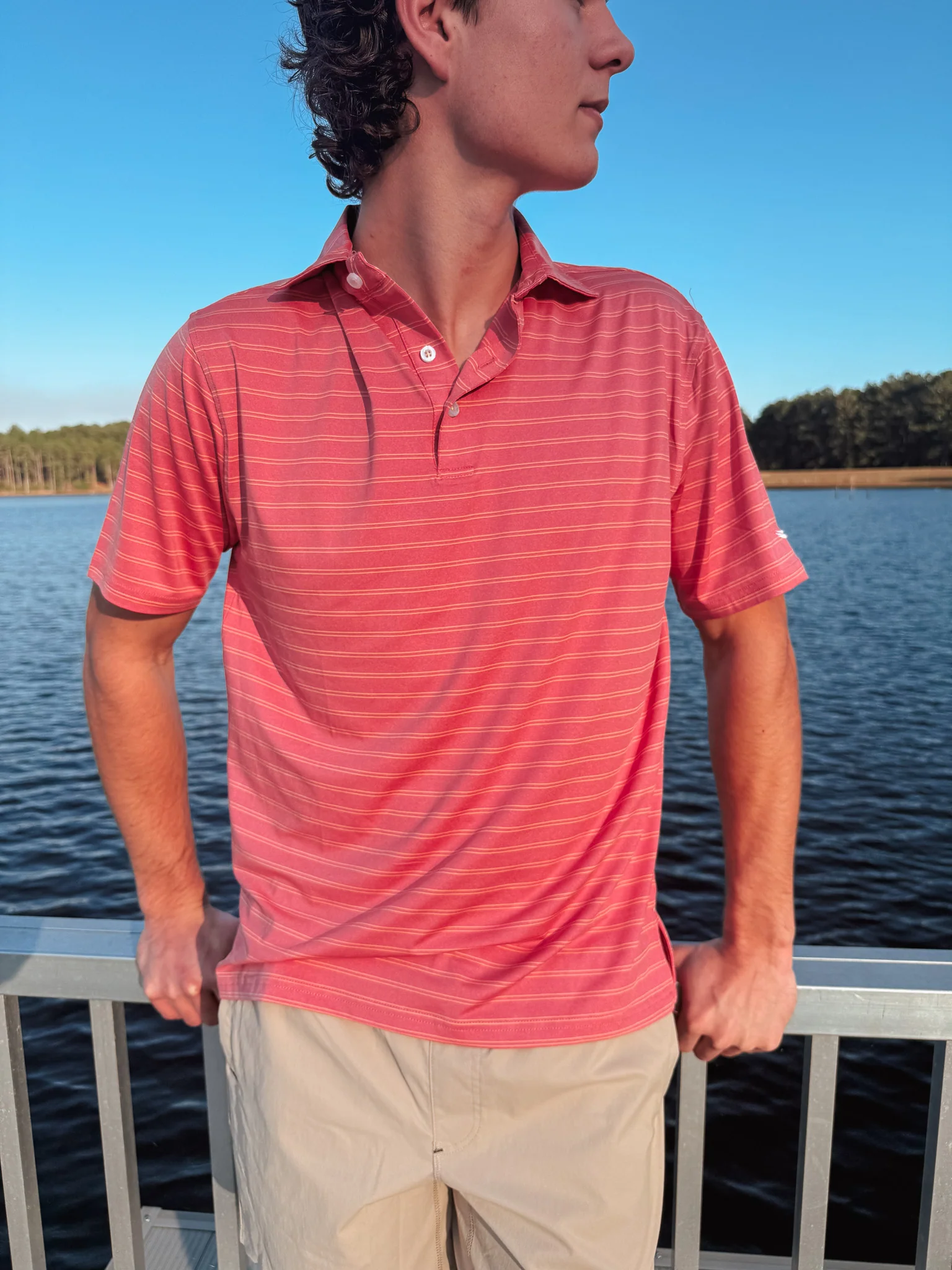 Men's Southern Marsh Newcastle Stripe Featherlight Polo in Coral