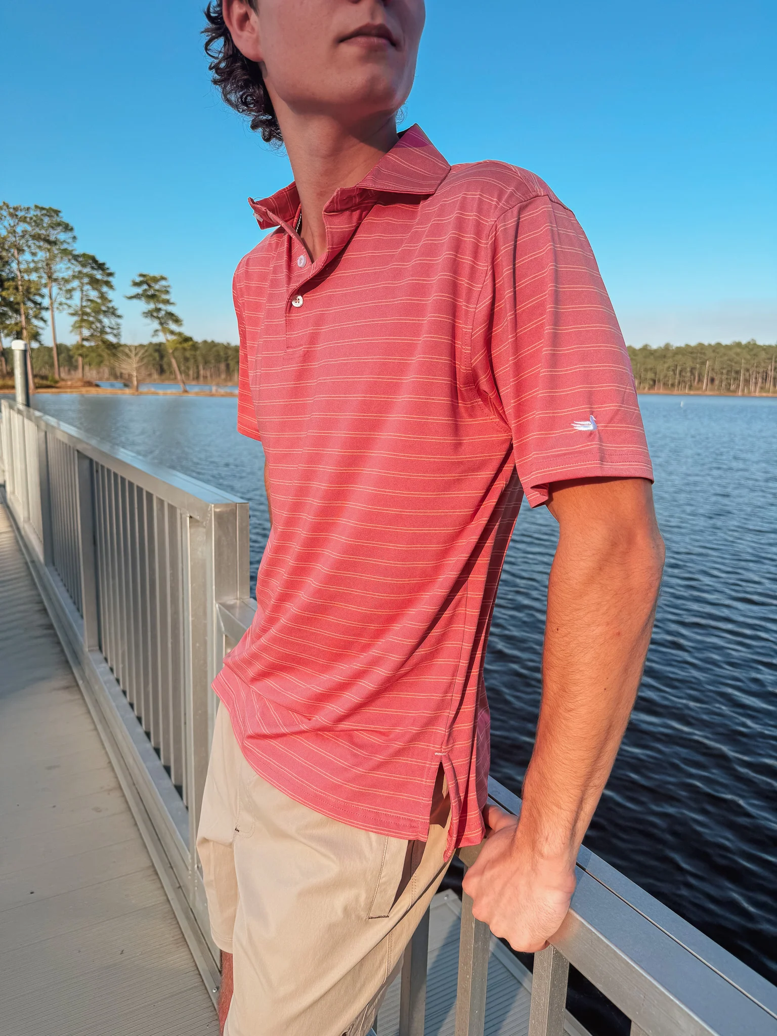 Men's Southern Marsh Newcastle Stripe Featherlight Polo in Coral - Image 3