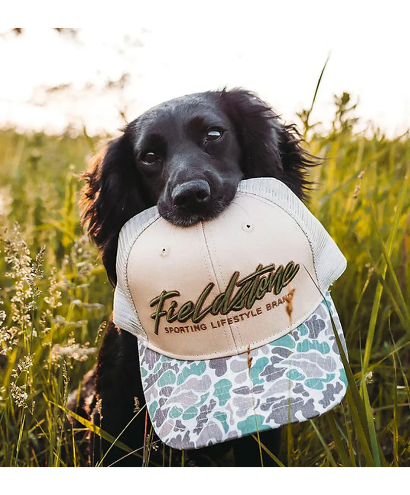 Fieldstone 6 Panel Script Logo Camo Bill Cap - Image 3