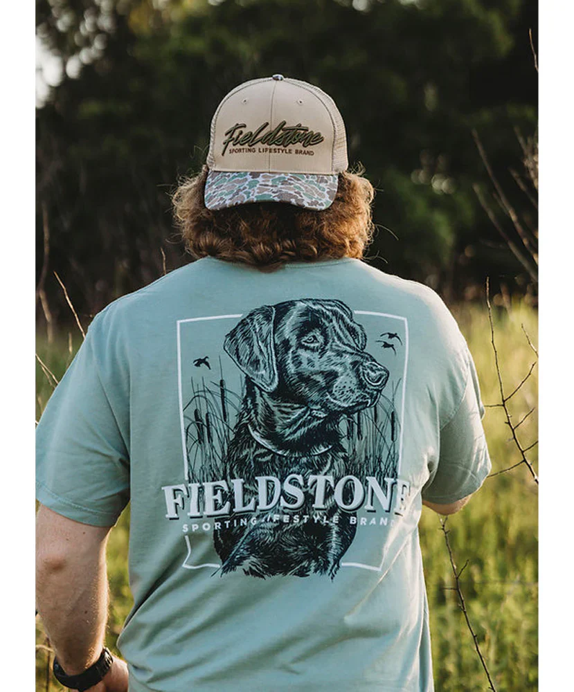 Fieldstone 6 Panel Script Logo Camo Bill Cap - Image 4