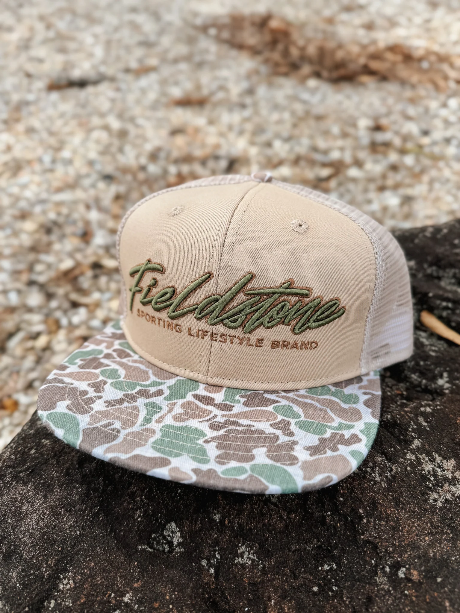 Fieldstone 6 Panel Script Logo Camo Bill Cap - Image 5