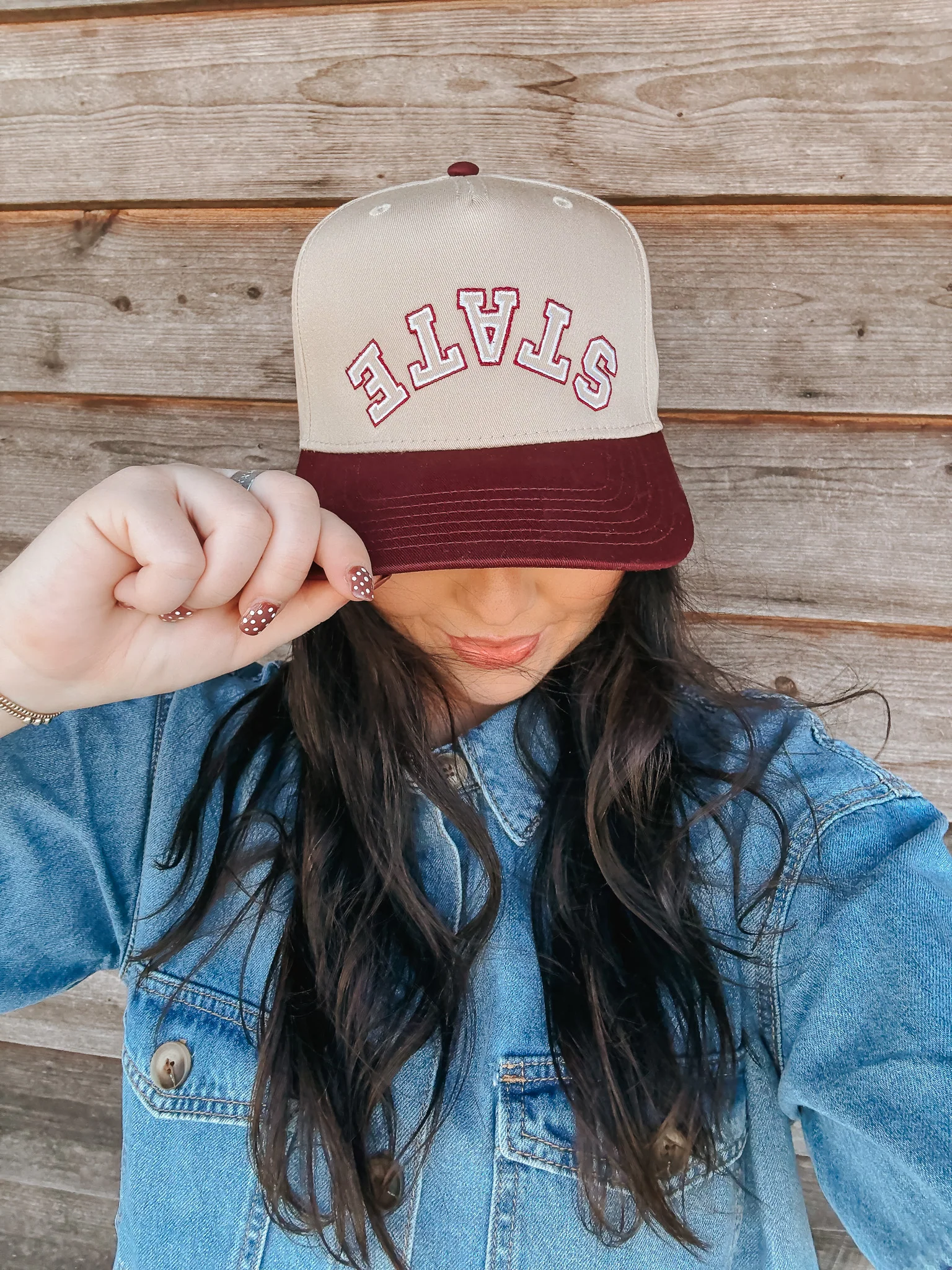 State Trucker Hat in Tan and Maroon - Image 4
