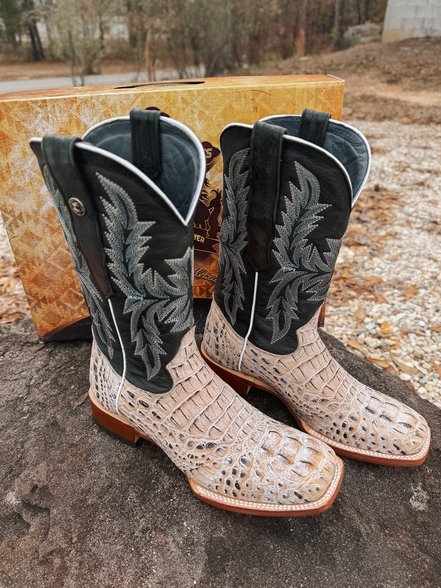 Tanner Mark Men's Caiman Hornback Print Square Toe Boots in Natural - Image 11