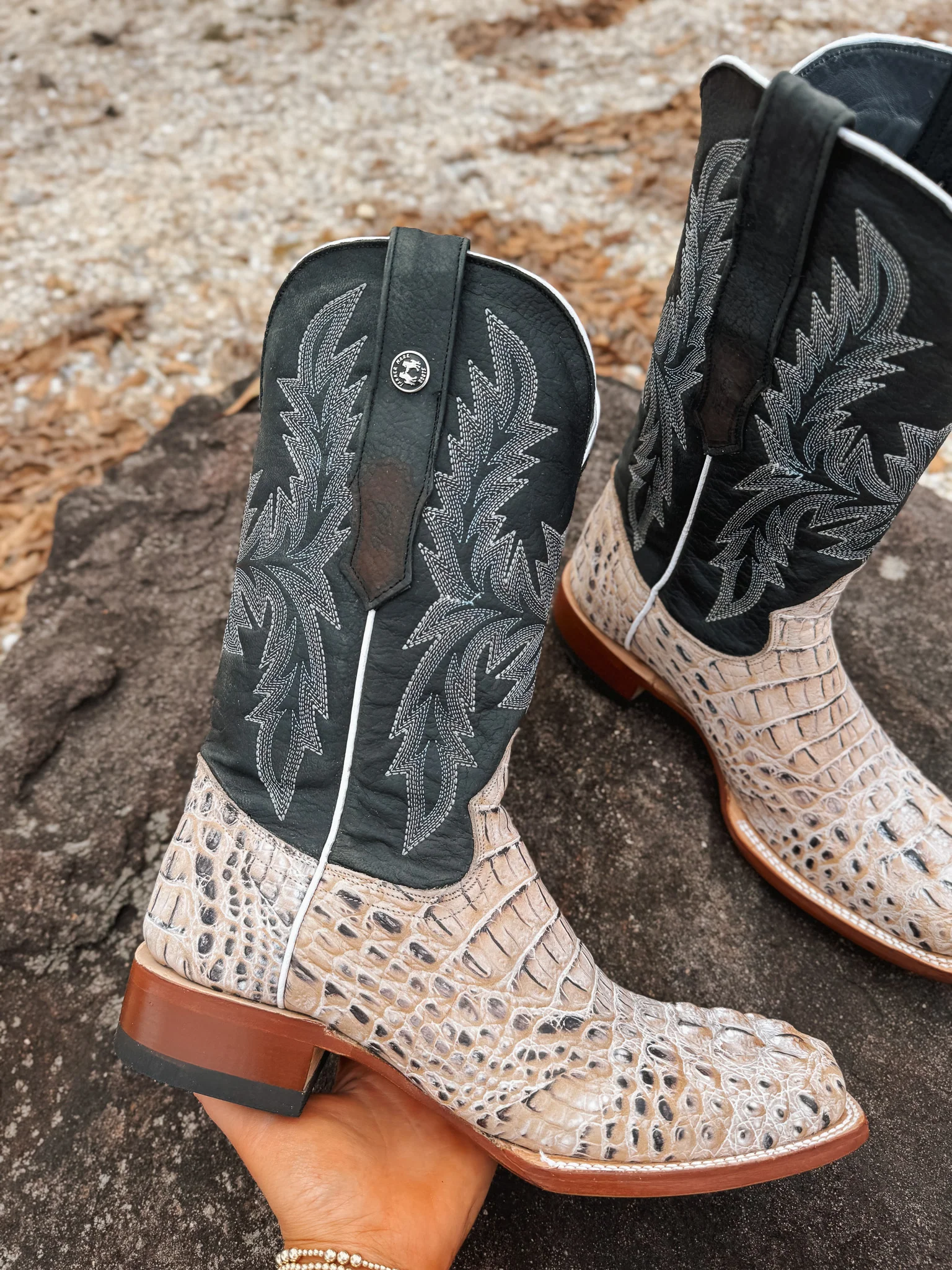 Tanner Mark Men's Caiman Hornback Print Square Toe Boots in Natural - Image 2