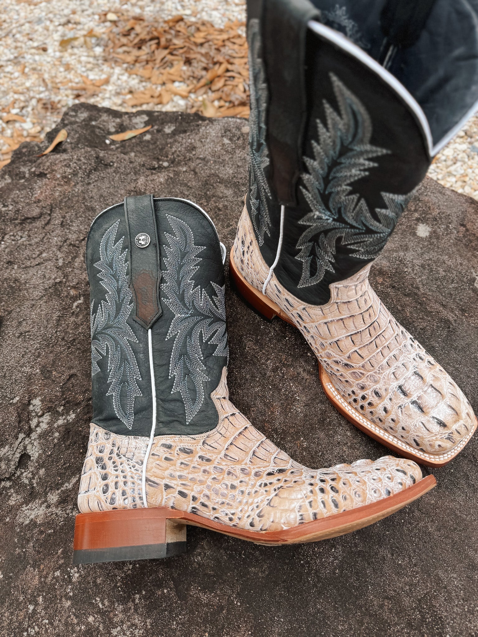 Tanner Mark Men's Caiman Hornback Print Square Toe Boots in Natural - Image 9