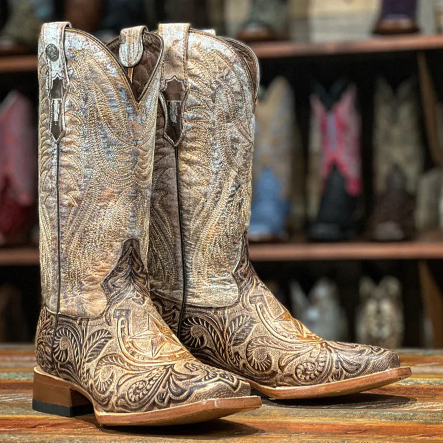 Tanner Mark Women's Mocha Chino Tooled Horseshoe Boots - Image 14