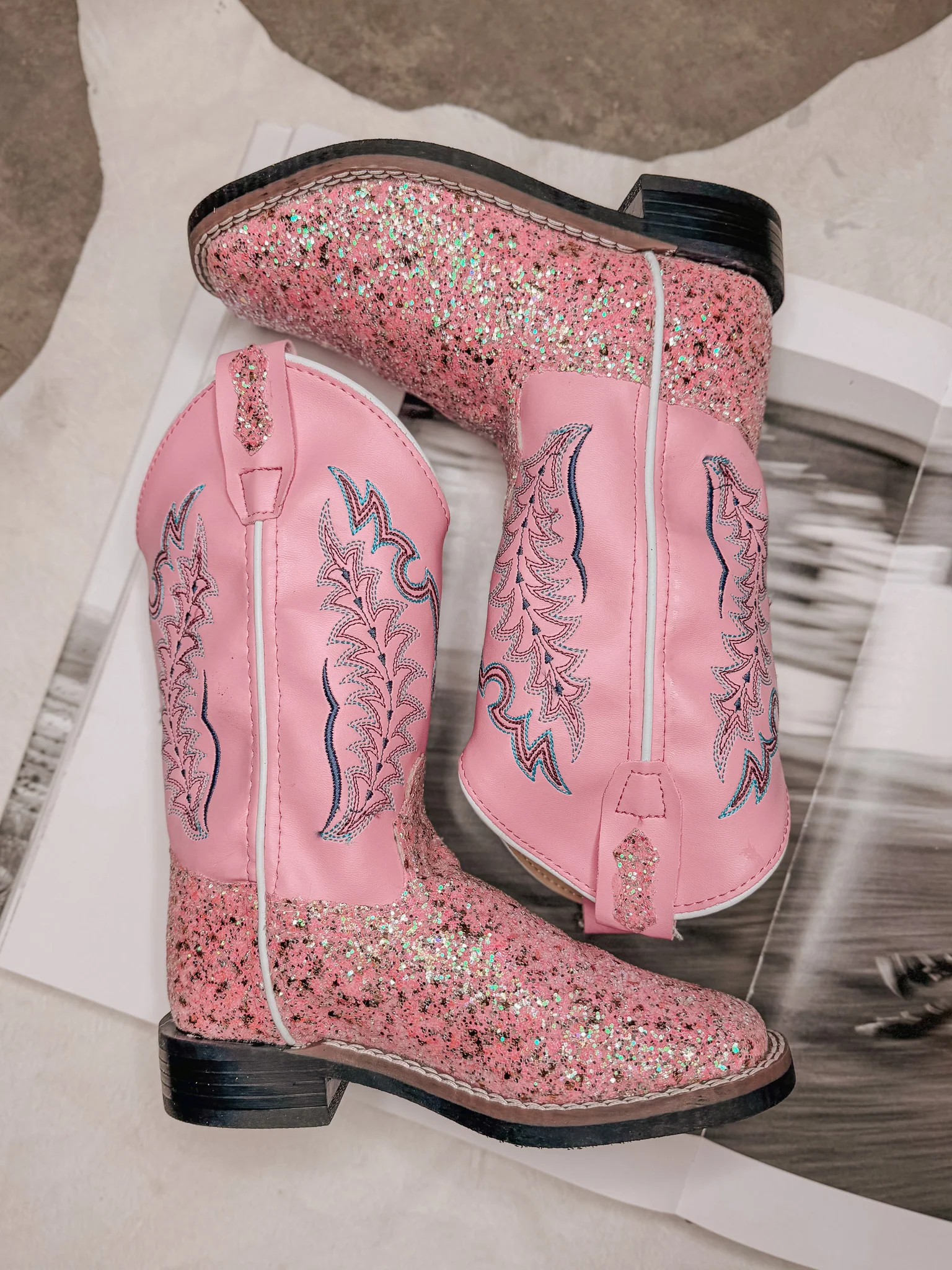 OLD WEST GIRL'S PINK GLITTER SQUARE TOE BOOTS