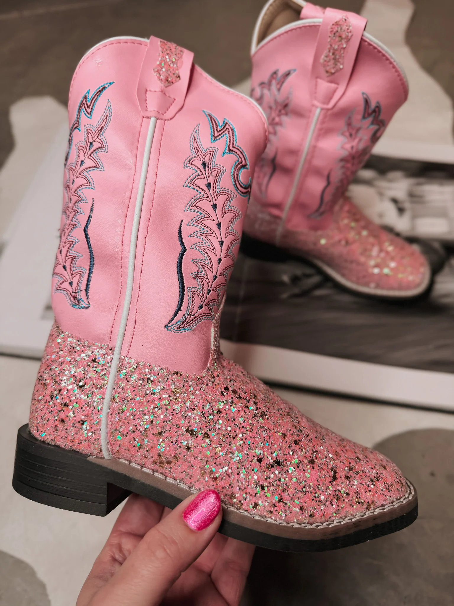 OLD WEST GIRL'S PINK GLITTER SQUARE TOE BOOTS - Image 3